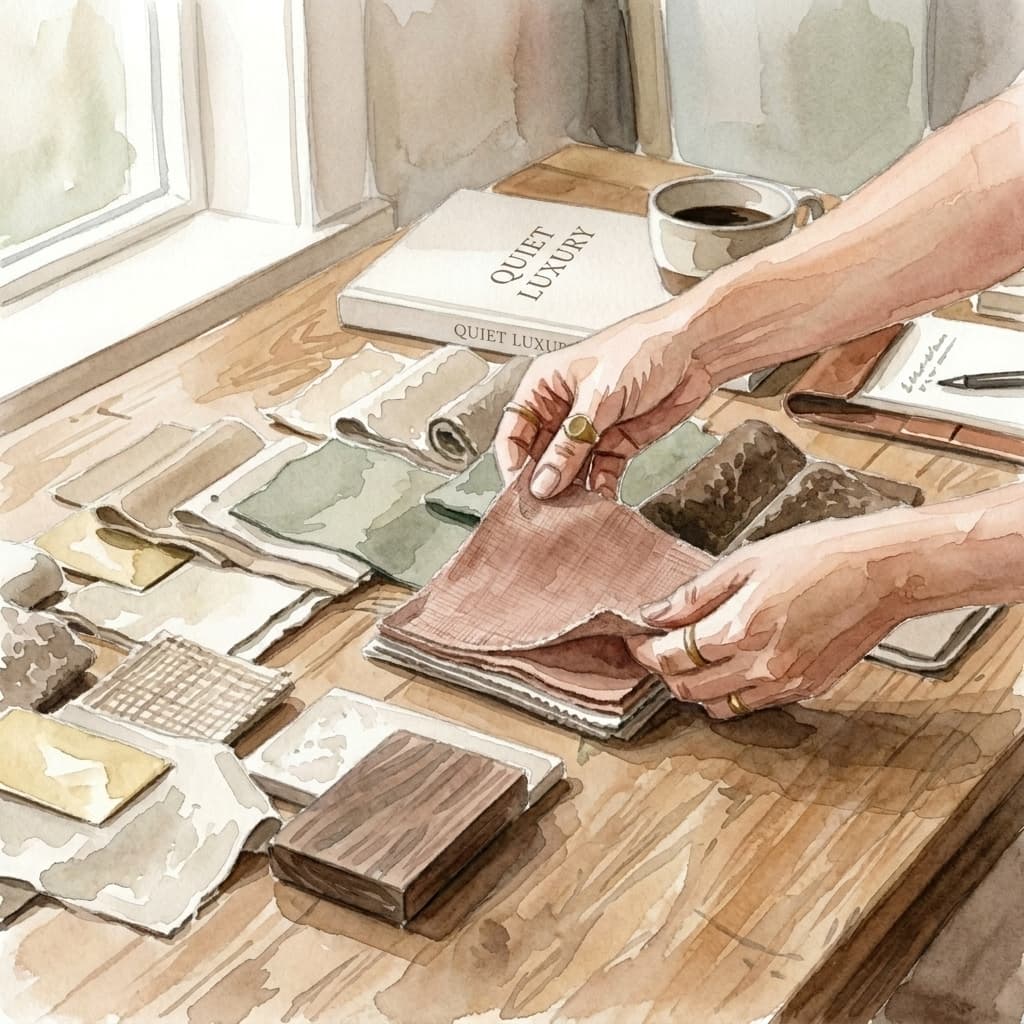 Designer reviewing fabric swatches and material samples — watercolor