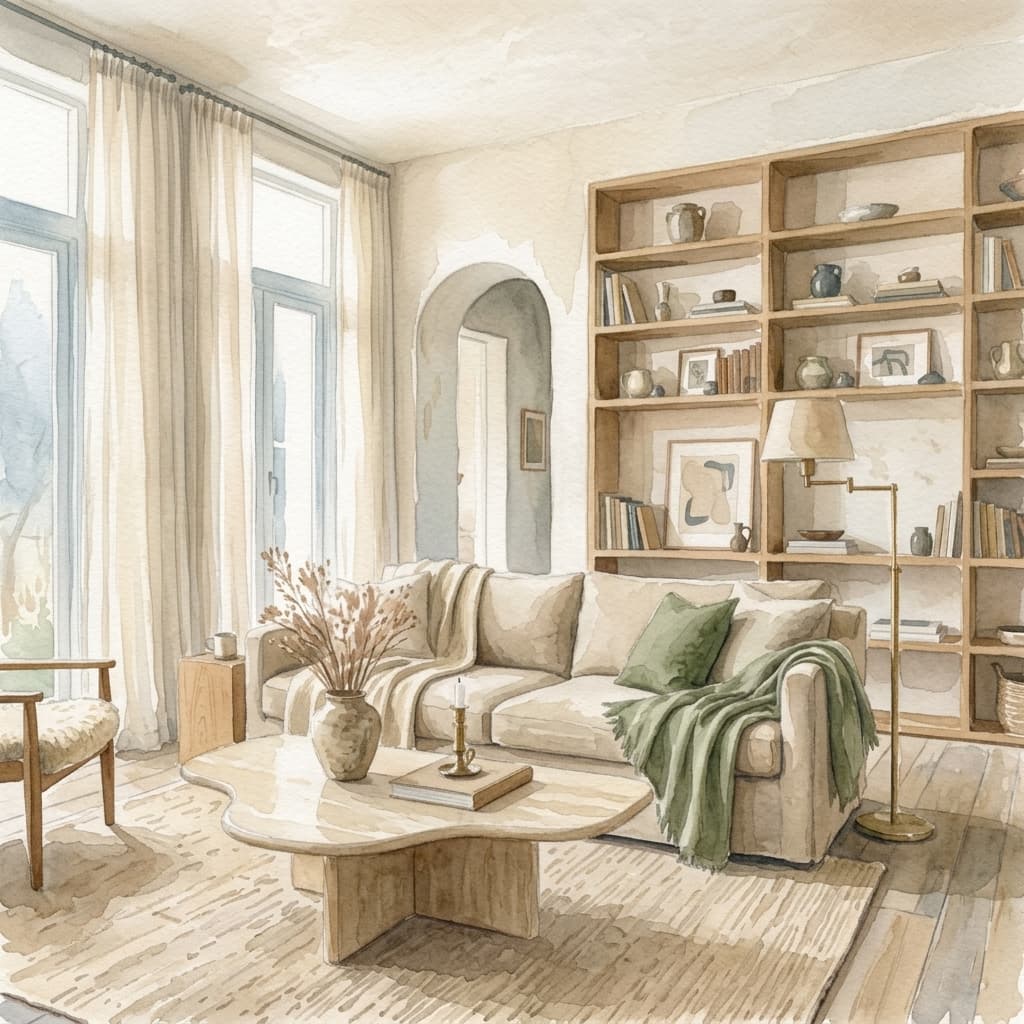A beautifully designed living room with warm minimalist aesthetic