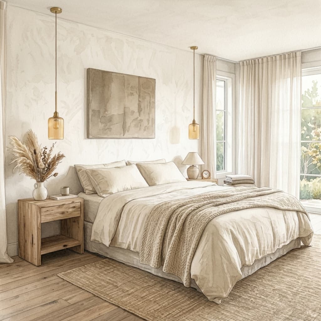 Serene master bedroom with linen bedding