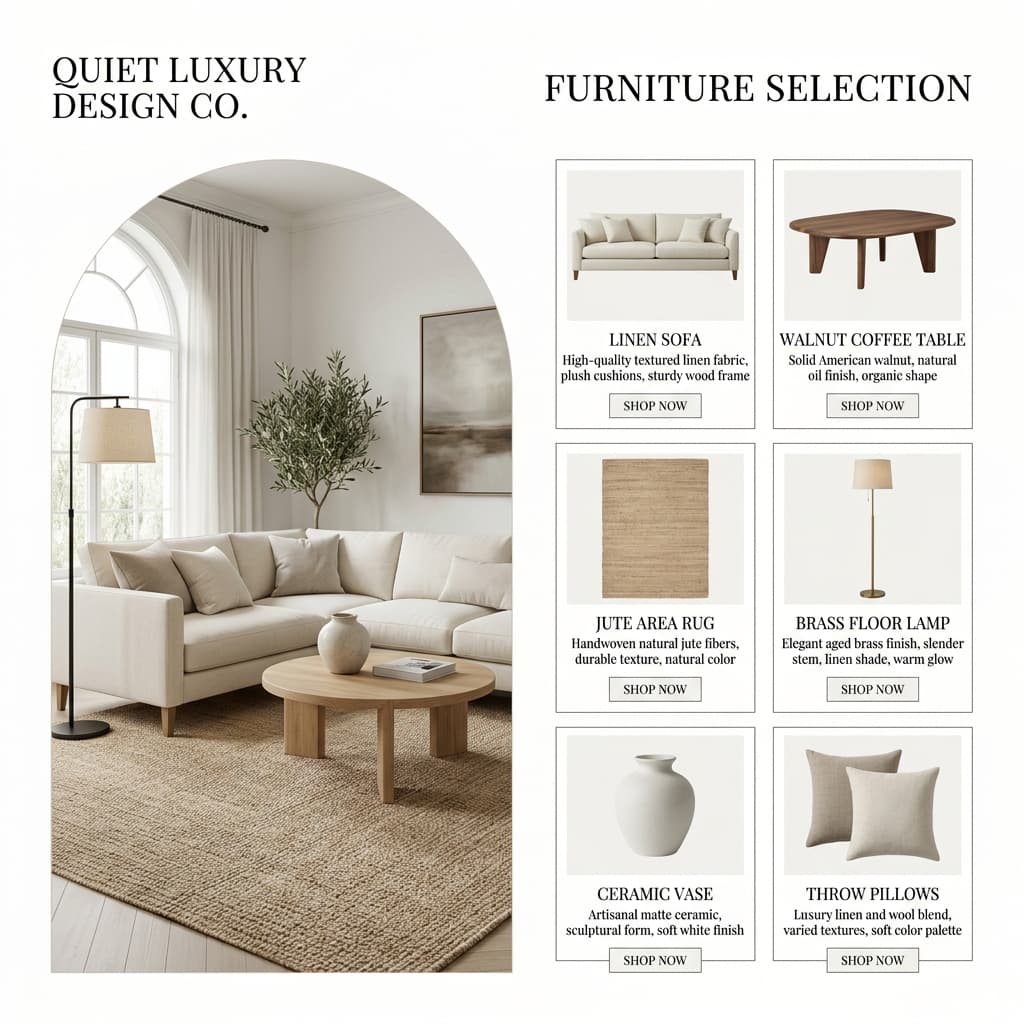Curated furniture plan with product selections and purchase links at multiple price levels